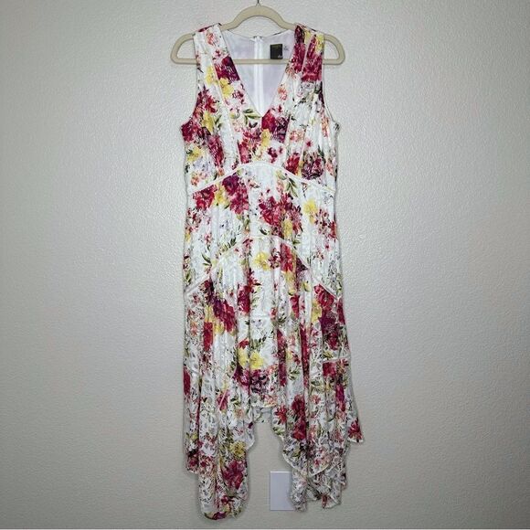 Taylor Floral-Print Lace Handkerchief-Hem Dress, Size 14 - Picture 2 of 13